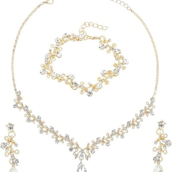 Rhinestone  Jewelry Sets for Bridal Women Crystal Necklace Bracelet Earrings Set - Picture 1 of 5